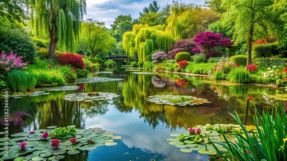 water garden with lush greenery and vibrant flowers at Giverny, scenery, garden, scenery, garden, serene, landscape water garden with lush greenery and vibrant flowers at Giverny, scenery, garden, scenery, garden, serene, landscape