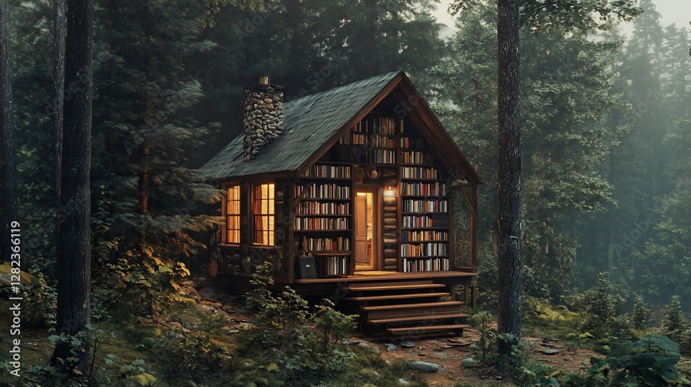 Enchanting forest library cabin retreat amidst nature's serene embrace Enchanting forest library cabin retreat amidst nature's serene embrace