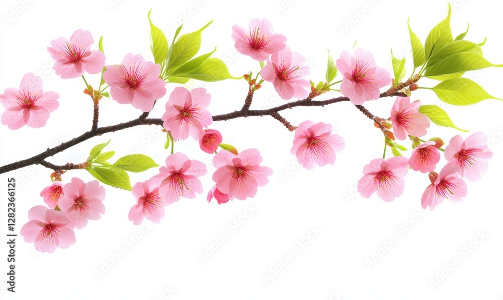 Fototapeta premium Delicate cherry blossom branch with pink flowers and green leaves against a white background