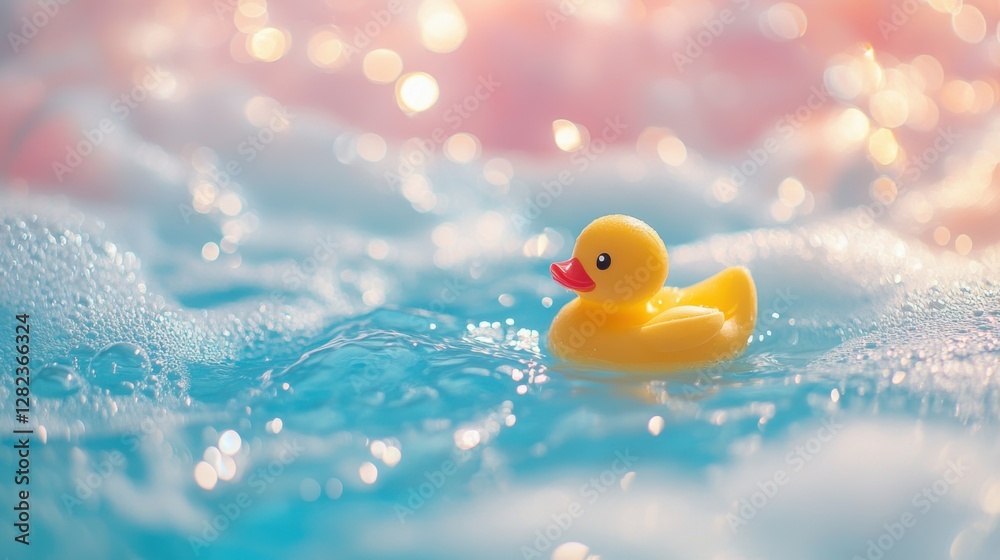 Happy Yellow Rubber Duck Floating on Sparkling Water with Bubbles and Soft Pastel Background Happy Yellow Rubber Duck Floating on Sparkling Water with Bubbles and Soft Pastel Background