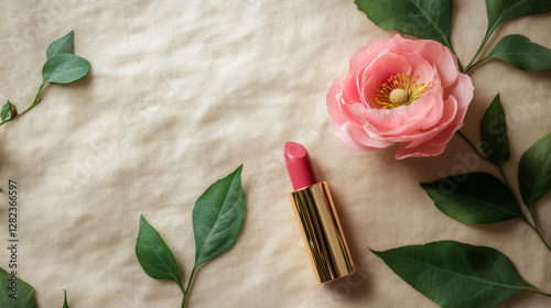 A delicate pink flower and a lipstick resting on a soft background, perfect for showcasing beauty products makeup and elegance. AI generative photo