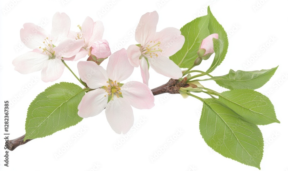 Fototapeta premium Delicate pink apple blossoms on a branch with lush green leaves against a white background