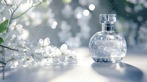 This realistic shot features a delicate glass perfume bottle perfect for showcasing luxury fragrance products. AI generative photo