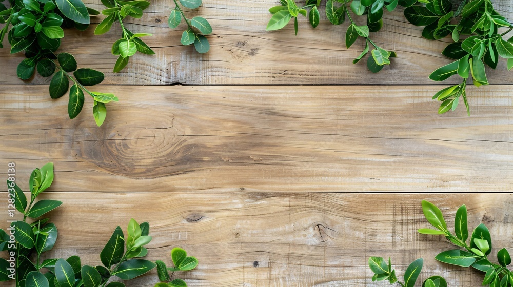 A wooden board with green leaves surrounding it A wooden board with green leaves surrounding it