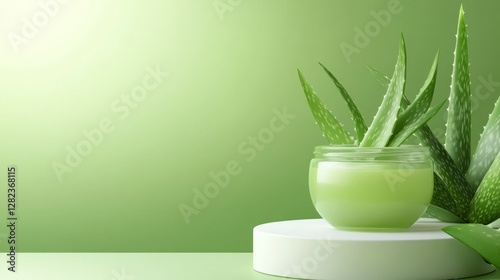 The aloe vera cream jar on display in this image is perfect for showcasing natural skincare products. AI generative photo