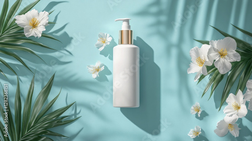 This clean and minimalist image features a white lotion bottle mockup perfect for showcasing beauty skincare and health products. AI generative photo