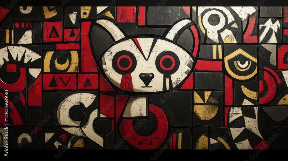 Fototapeta premium Abstract design featuring a stylized cat face on blocks