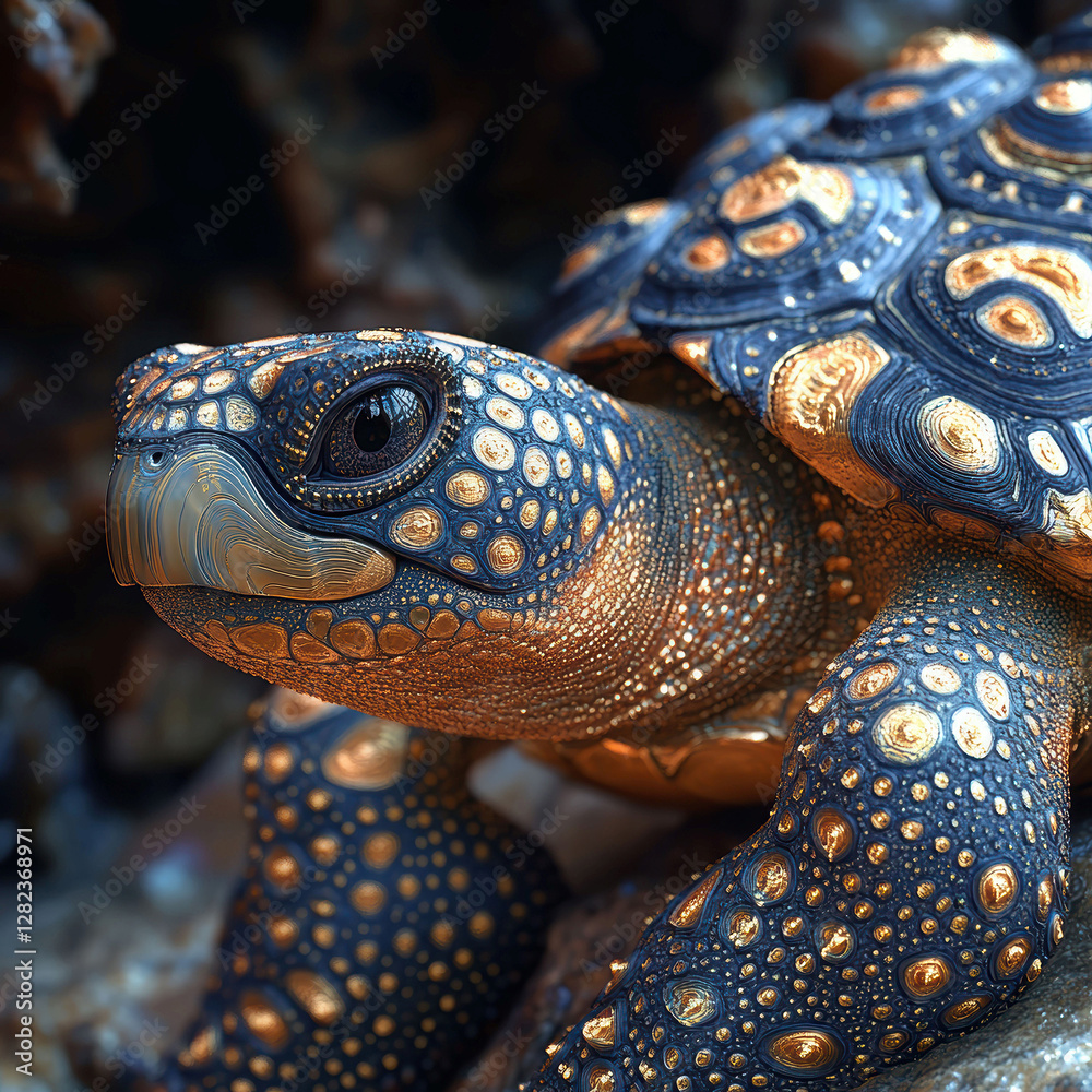 Obraz premium Close-up image of a sea turtle, showing its head, flipper, and part of the shell The turtles skin is a mix of blues, blacks, browns, and yellows, with underwater rocks or coral in the - AI-Generated