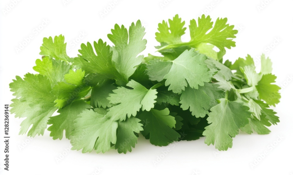 Fresh cilantro leaves arranged aesthetically on a white background, ideal for culinary use Fresh cilantro leaves arranged aesthetically on a white background, ideal for culinary use
