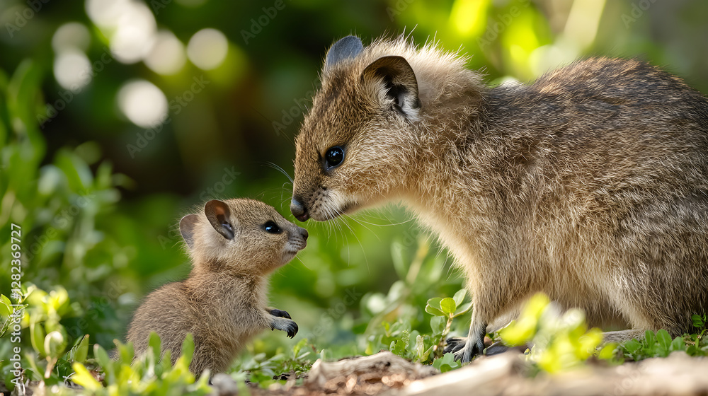 Obraz premium Heartwarming Bond: A Quokka Family's Journey Through Their Serene Natural Habitat