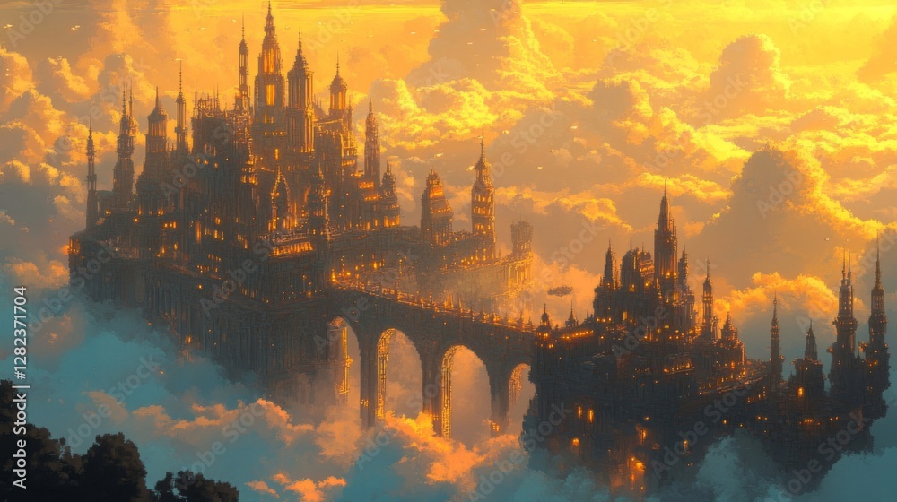 Fototapeta premium Golden Cityscape View Above Clouds at Sky during Daytime Fantasy Architecture