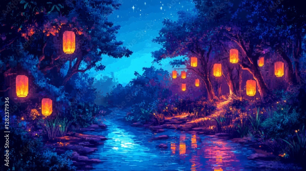 Obraz premium Pixel Art Forest Landscape at Night with Glowing Lanterns Reflecting on the Water