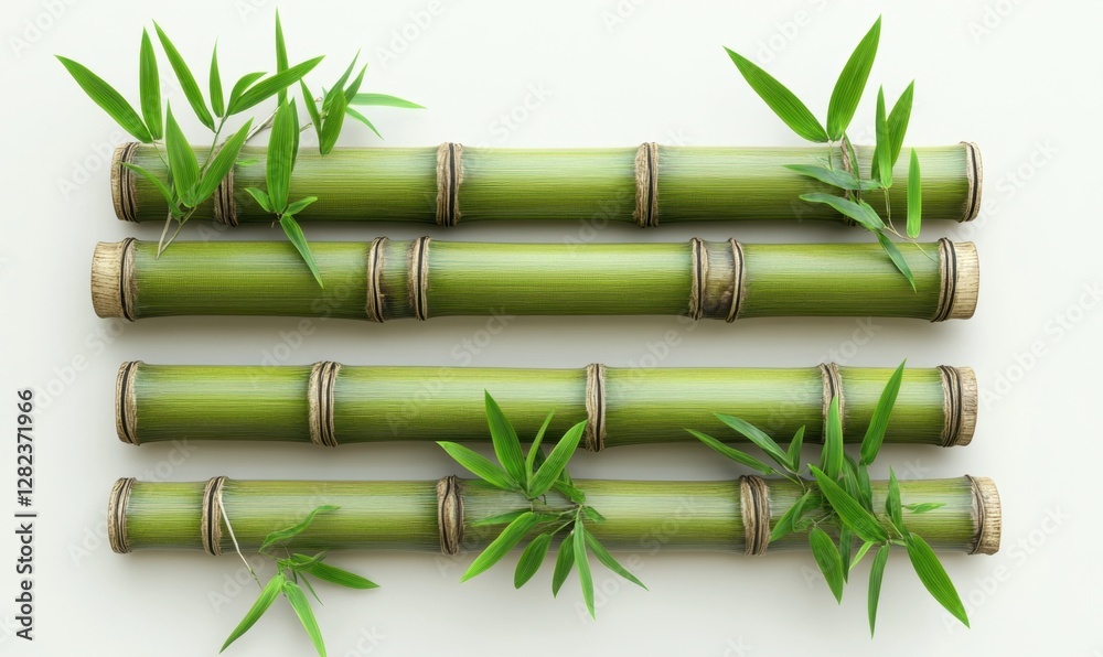 Fototapeta premium Green bamboo stalks arranged horizontally with fresh leaves, set against a neutral background