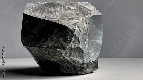 Large, rough, grey crystal with translucent interior on a light grey surface.