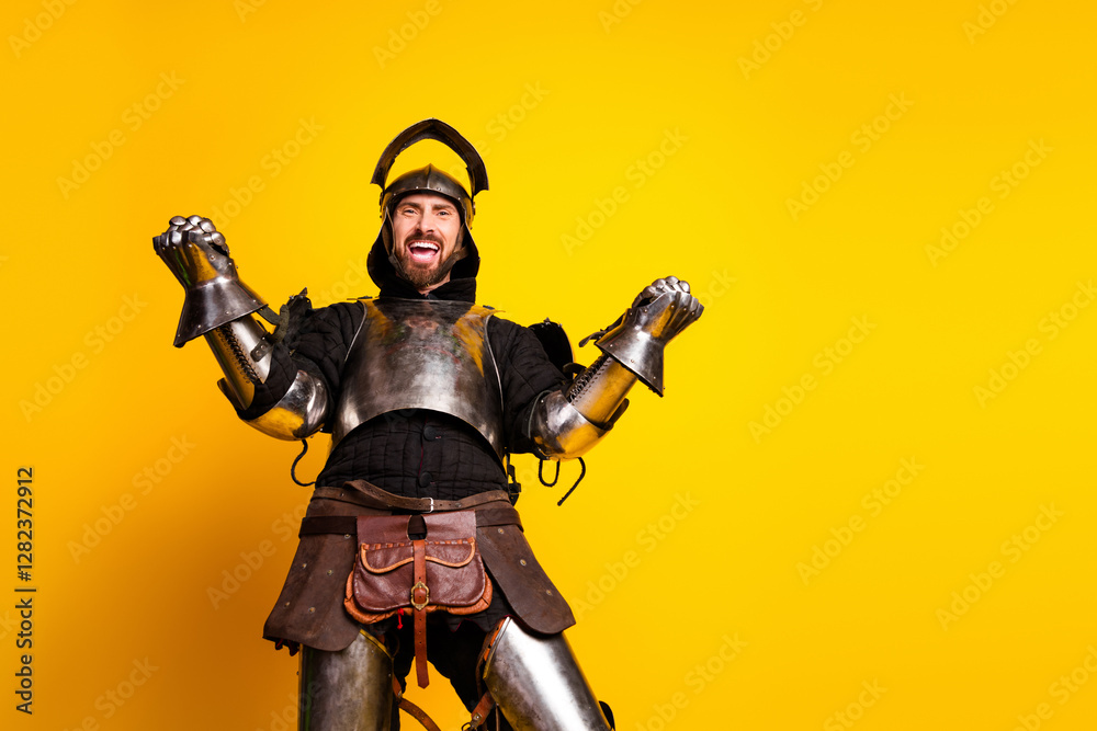 Naklejka premium Cheerful knight wearing armor on a vivid yellow background showing joyful expressions