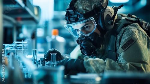 Soldier in Hazmat Suit Conducting Research in a Laboratory Setting