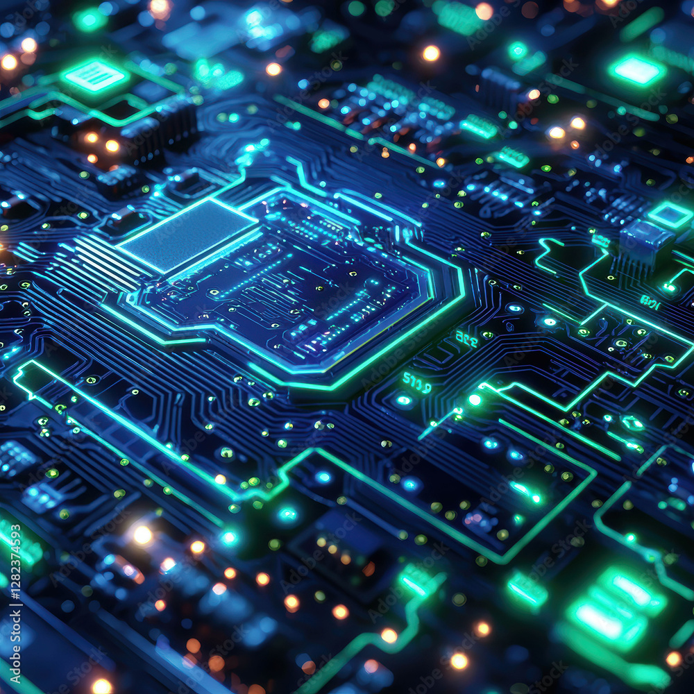 Close-up view of an electronic circuit board with numerous components transistors, resistors, interconnected by copper traces green and blue lines Central microprocessor or integra - AI-Generated Close-up view of an electronic circuit board with numerous components transistors, resistors, interconnected by copper traces green and blue lines Central microprocessor or integra - AI-Generated