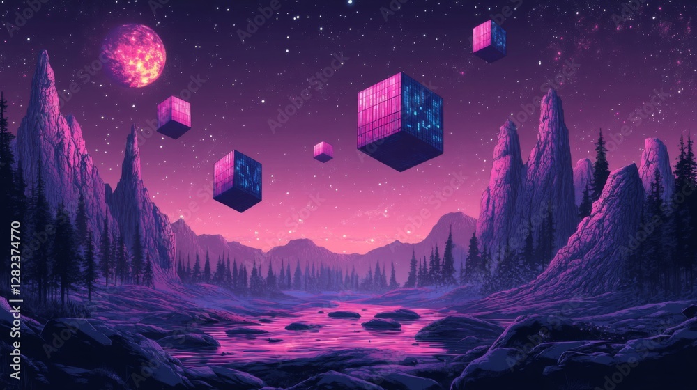 Fototapeta premium Pixel Art Landscape with Floating Cubes Forest and a Glowing Moon at Night