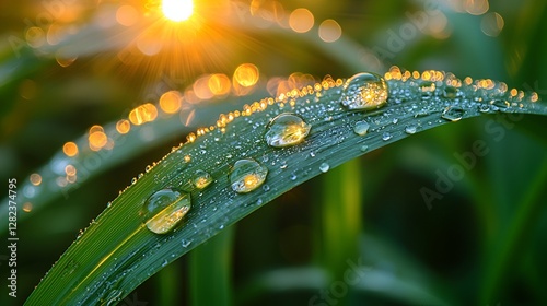 Dewdrops on grass blade at sunrise photo