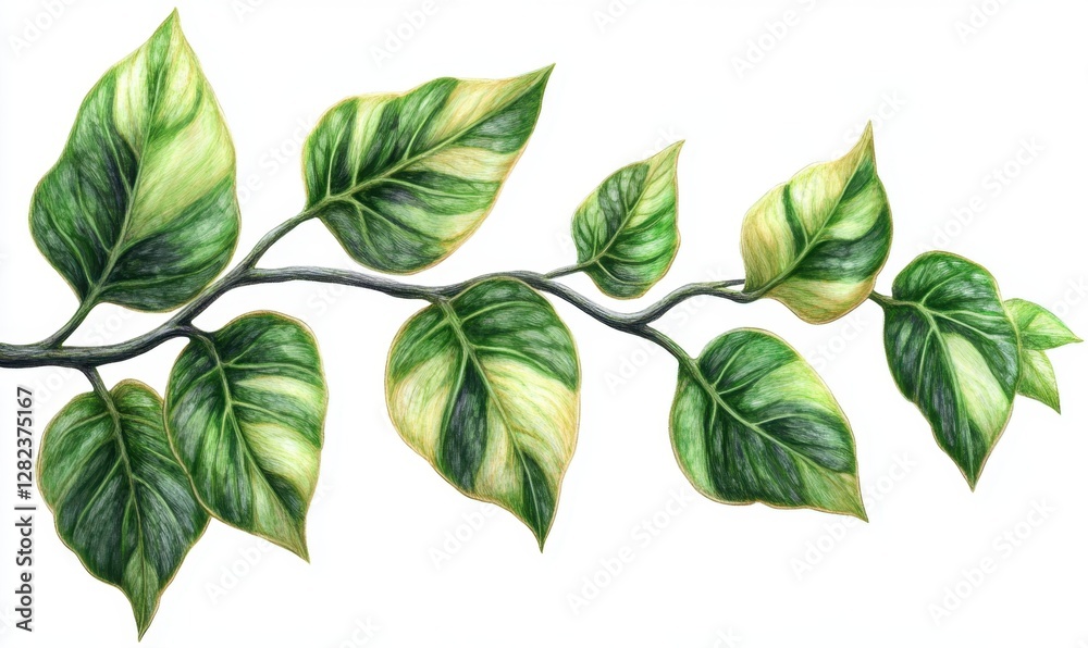 Lush green vine with variegated leaves extending gracefully against a white background Lush green vine with variegated leaves extending gracefully against a white background