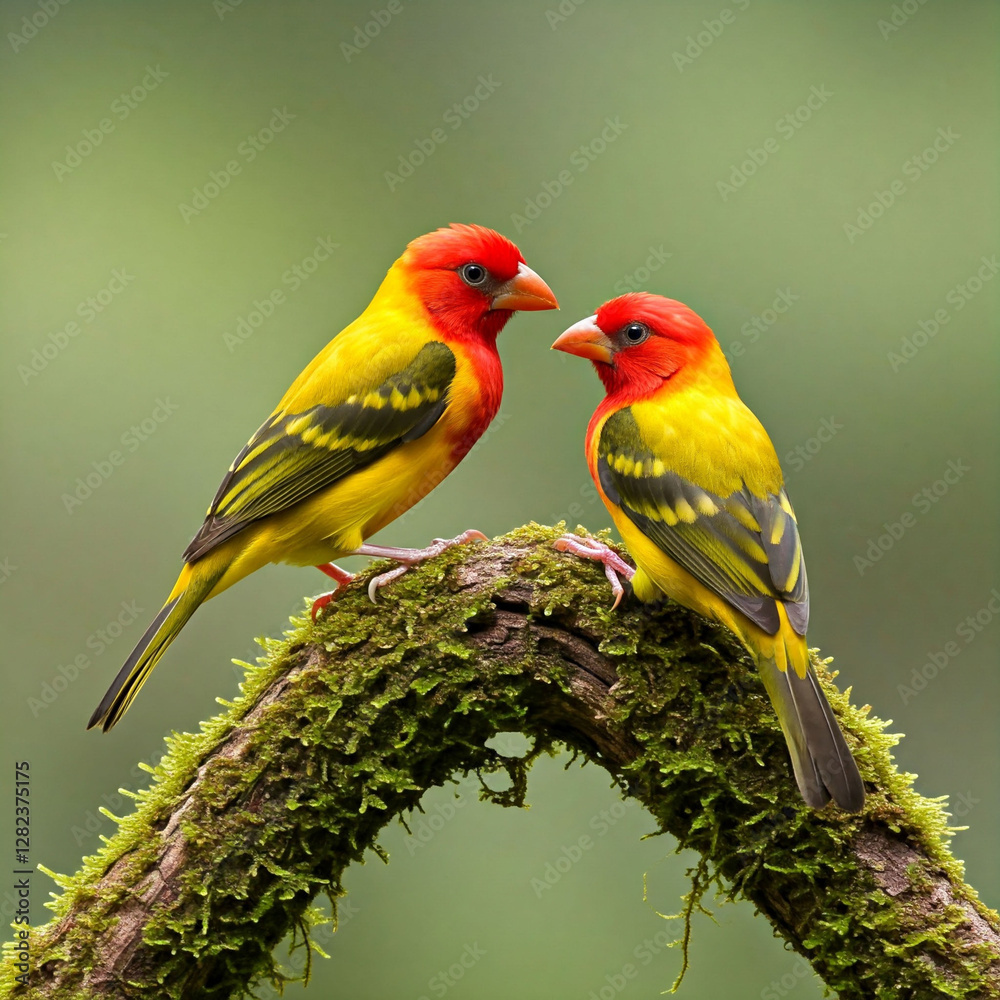 Obraz premium A colorful red and yellow sparrow perches on a branch with colorful feathers in a tropical setting.