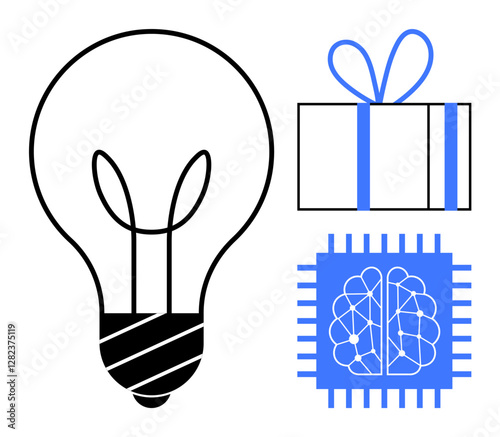 Lightbulb, gift box, and microchip with brain illustration. Ideal for creativity, technology, innovation, gift ideas, cognitive science education and design thinking. Line metaphor