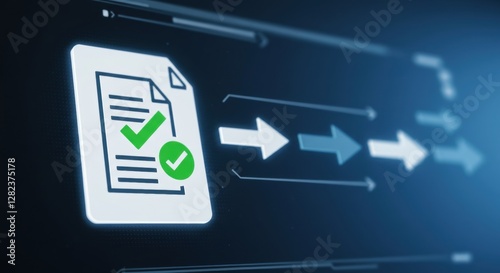 Document Approval Workflow with Green Check Marks and Arrows Illustration