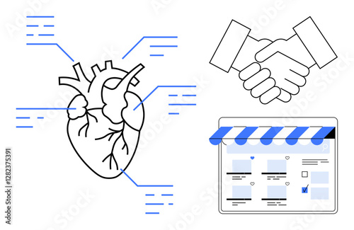 Heart anatomy diagram with connected lines, handshake, and online storefront. Ideal for healthcare, digital innovation, business negotiation, medical partnerships, online services, medical