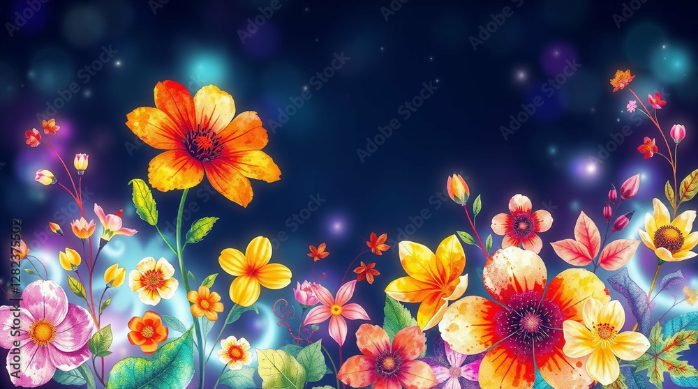 Obraz premium Enchanted floral garden with a starlit night, whimsical botanical illustration