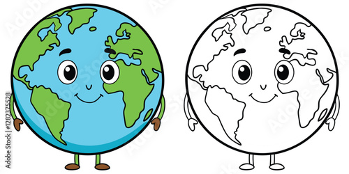 Cute Earth Globe Cartoon Character Coloring Book For Kids Printable Outline Vector