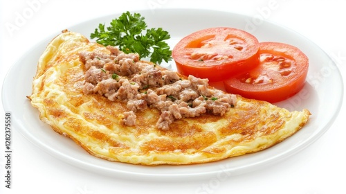 Minced pork omelette with a side of fresh tomato slices, displayed on a plain background --chaos 20 --ar 16:9 --quality 2 --v 6.1 Job ID: c382b78d-79ff-4290-97bb-e2ea24b3e950