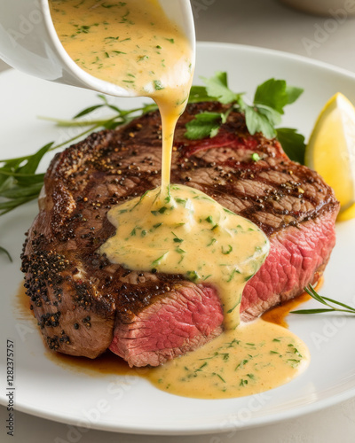 Delicious ribeye steak with herb infused cream sauce. Medium rare grilled sirloin wagyu steak with a lemon garlic butter sauce in a gourmet restaurant 