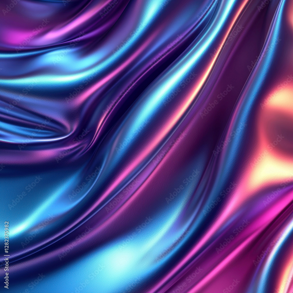 Naklejka premium Close-up image of a flowing, iridescent, reflective material with shifting blue and purple hues It has a smooth, undulating texture, resembling fabric or liquid in motion, and a highly - AI-Generated