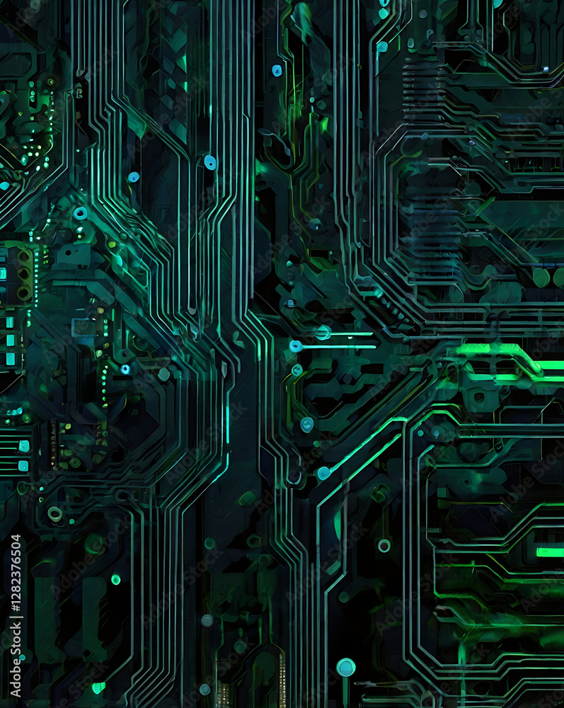 Fototapeta premium Abstract tech-inspired circuit board background with glowing blue and green lines over a dark metallic surface, evoking a futuristic and high-tech feel.