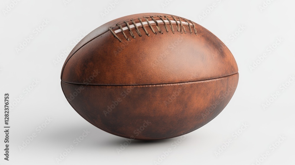 Perfectly symmetrical rugby ball, sharp top-down view, seamless leather texture, and premium design floating on white. Perfectly symmetrical rugby ball, sharp top-down view, seamless leather texture, and premium design floating on white.
