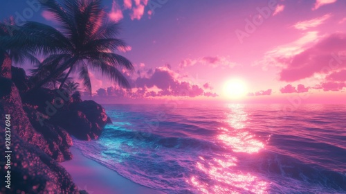 Vibrant Sunset Over Ocean with Palm Trees Rocky Shoreline in Tropical Island