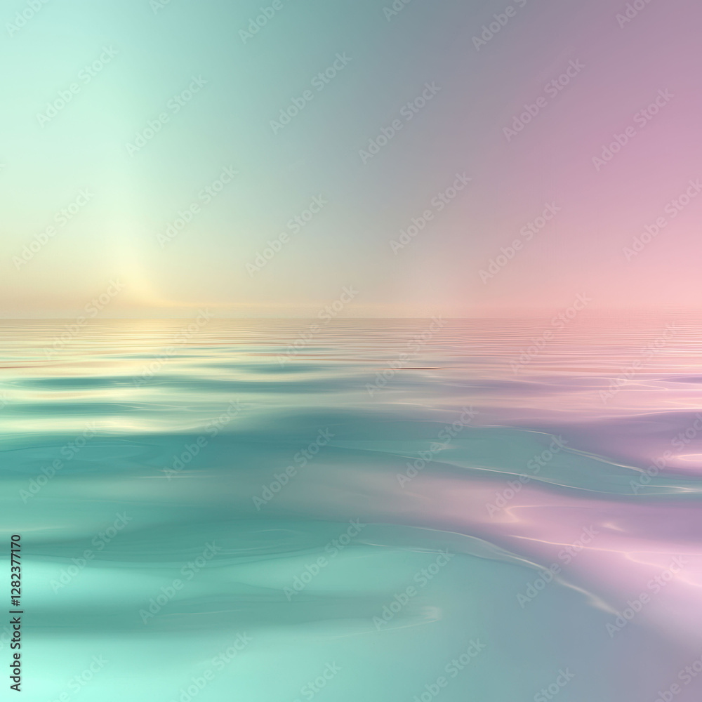 Obraz premium A serene, colorful ocean scene featuring a gradient sky and mirrored colors on the waters surface The water displays gentle ripples, shades of teal, blue, and green, suggesting depth - AI-Generated