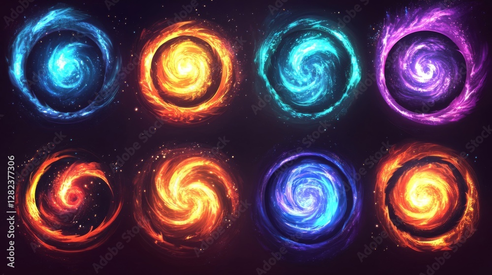 Naklejka premium Collection of Colorful Cosmic Spiral Galaxy Backgrounds in a Dark Environment