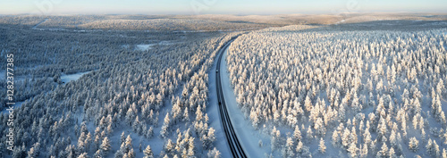 Aerial view of the road between Ivalo and Saariselka, Finland