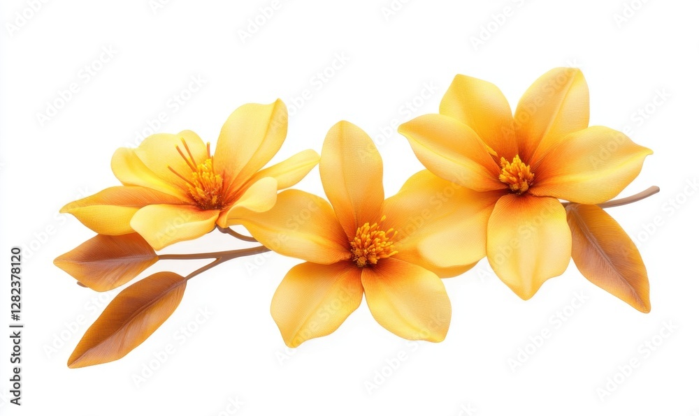 Vibrant yellow flowers in full bloom with delicate petals and green leaves against a white background Vibrant yellow flowers in full bloom with delicate petals and green leaves against a white background