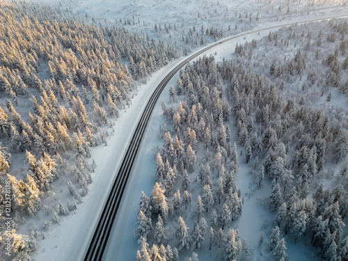 Cuadro en lienzo Aerial view of the road between Ivalo and Saariselka, Finland