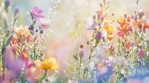 Dewdrops on spiderweb among colorful flowers in sunlight.