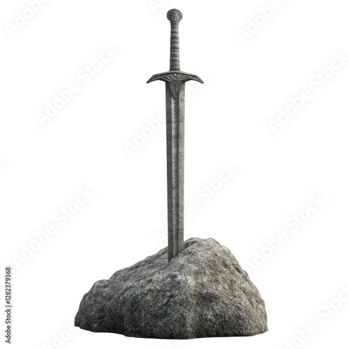 a epic king arthur sword stuck in the stone, white background