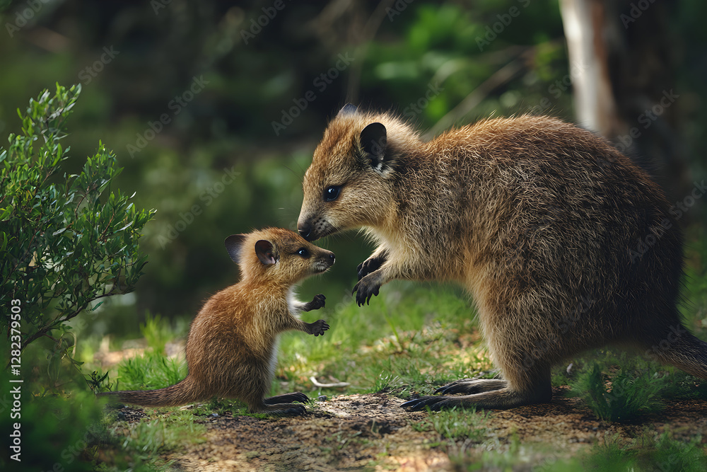 Naklejka premium Heartwarming Bond: A Quokka Family's Journey Through Their Serene Natural Habitat