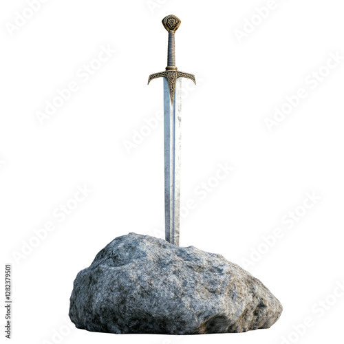 a epic king arthur sword stuck in the stone, white background