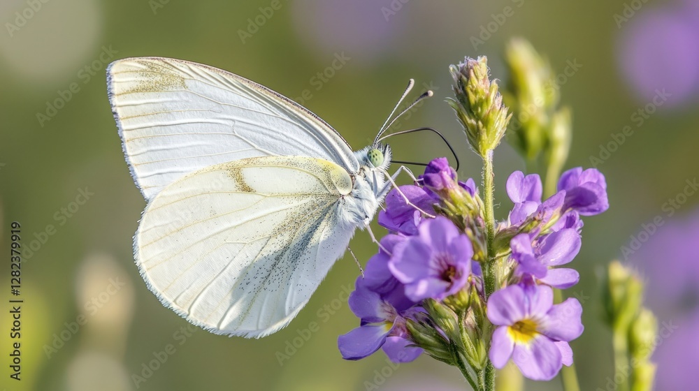White butterfly feeding on purple flowers. White butterfly feeding on purple flowers.