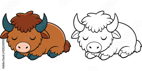 Cute Yak Sleeping Cartoon Coloring Book For Kids Printable Outline Vector