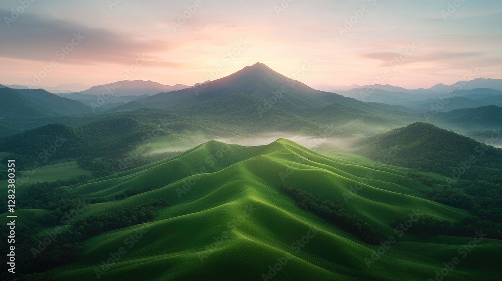 Fototapeta premium Aerial view of rolling green hills at sunrise, mountains in background. Possible use for nature and travel photography