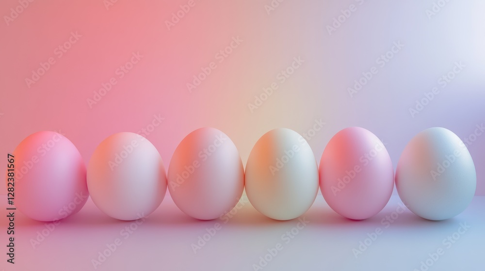 Fototapeta premium Colorful pastel eggs arranged in a row on a soft gradient background, symbolizing springtime celebrations and festive traditions, egg decoration concept