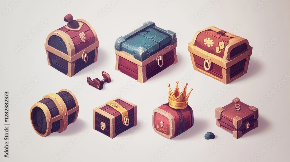 Obraz premium Isometric Treasure Chests Set in Pixel Art Style on a Seamless White Background